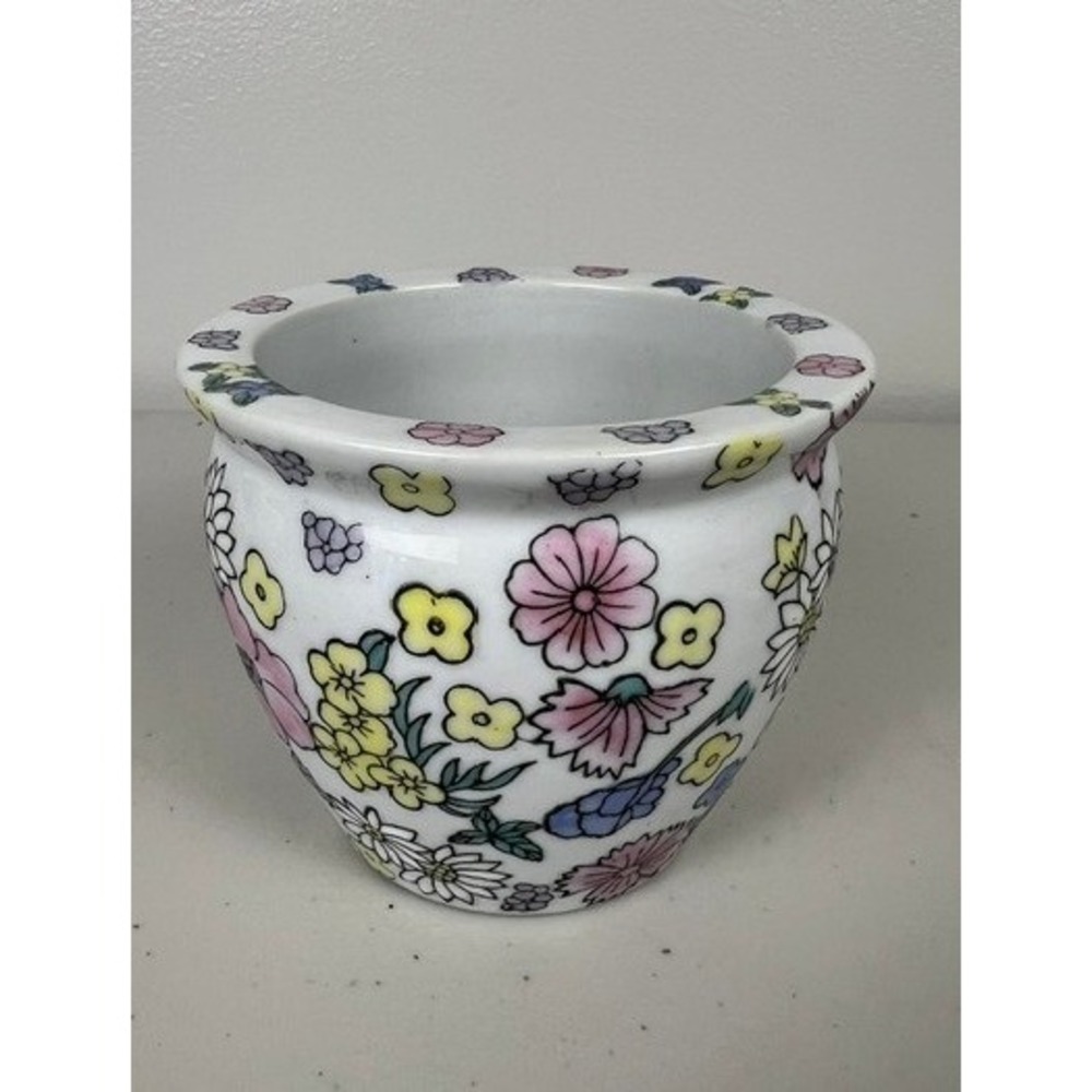 Vintage Floral Ceramic Cachepot Small Round Multicolor Flower Planter 3.25in